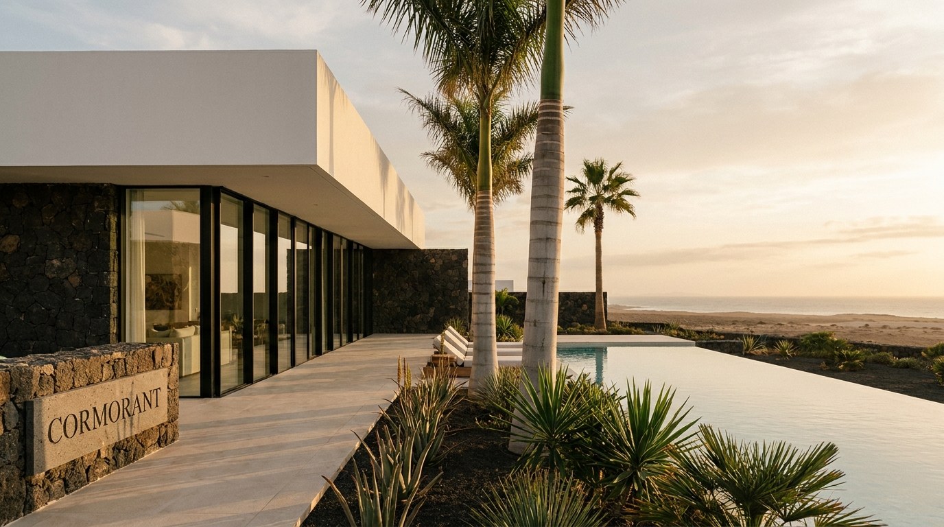 Villa blanca de lujo al golden hour en Fuerteventura