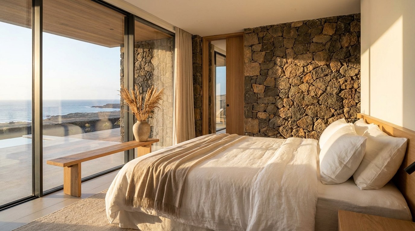 Dormitorio principal de villa de lujo con vista al océano